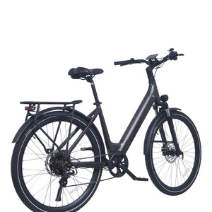 Ampere Deluxe step-through electric city bike in grey from a rear three-quarter angle with rear rack.