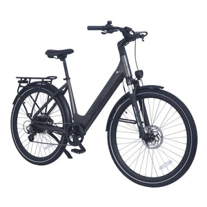 Ampere Deluxe step-through electric city bike in grey from a front three-quarter angle with rear rack.