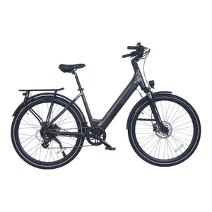 Ampere Deluxe step-through electric city bike in grey shown in full side profile with rear rack.