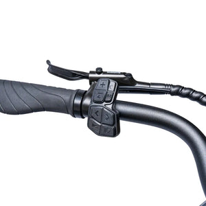 Handlebar control pad for power assistance and Shimano brake levers on the Ampere Deluxe.
