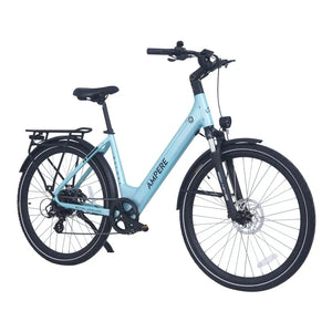 Ampere Deluxe step-through electric city bike in light blue from a front three-quarter angle with rear rack.