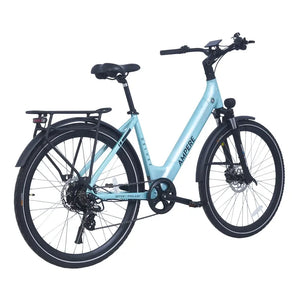 Ampere Deluxe step-through electric city bike in light blue from a rear three-quarter angle with rear rack.