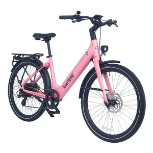 Ampere Deluxe step-through electric city bike in pink from a front three-quarter angle with rear rack.