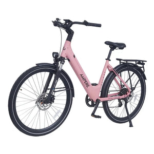 Ampere Deluxe pink step-through electric city bike from a front three-quarter angle with mudguards.