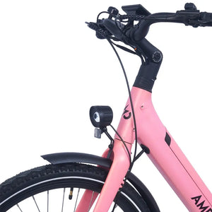 Close-up of the Ampere Deluxe pink handlebar stem and brake levers with integrated front light below.