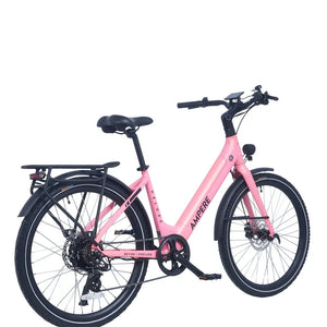 Ampere Deluxe pink electric bike from a rear three-quarter angle showing rack mudguards and drivetrain.