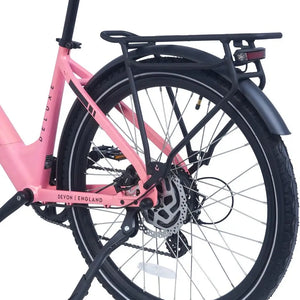 Close-up of the Ampere Deluxe pink rear wheel showing disc brake pannier rack mudguard and Devon England chainstay.
