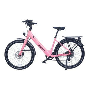 Ampere Deluxe step-through electric city bike in pink shown in full side profile with rear rack and deployed kickstand.
