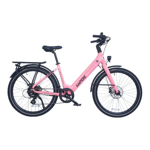 Ampere Deluxe step-through electric city bike in pink shown in full side profile with rear rack.