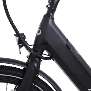 Detail view of the Ampere logo on the headtube, front LED light, and cable routing on the black Deluxe Pro e-bike.