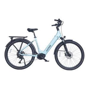 Ampere Deluxe Pro step-through electric city bike in blue shown in full left side profile with rear rack.