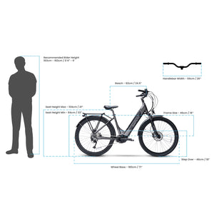 Diagram showing frame dimensions, rider height guide, and geometry for the Ampere Deluxe Pro.
