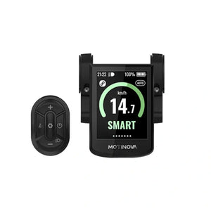 Motinova colour display and handlebar remote control unit as used on the Ampere Deluxe Pro showing Smart mode.