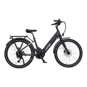 Full side profile of the black Ampere Deluxe Pro step-through 26" electric bike featuring a mid-drive motor.