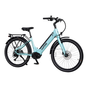 Full side profile of the light blue Ampere Deluxe Pro step-through 26" electric bike featuring a mid-drive motor.