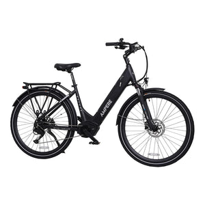 Full side profile of the black Ampere Deluxe Pro step-through electric bike featuring a mid-drive motor.