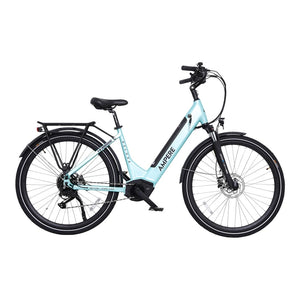 Full side profile of the light blue Ampere Deluxe Pro step-through electric bike featuring a mid-drive motor.