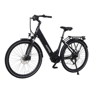 Angled side profile of the black Ampere Deluxe Pro step-through electric bike featuring a mid-drive motor.