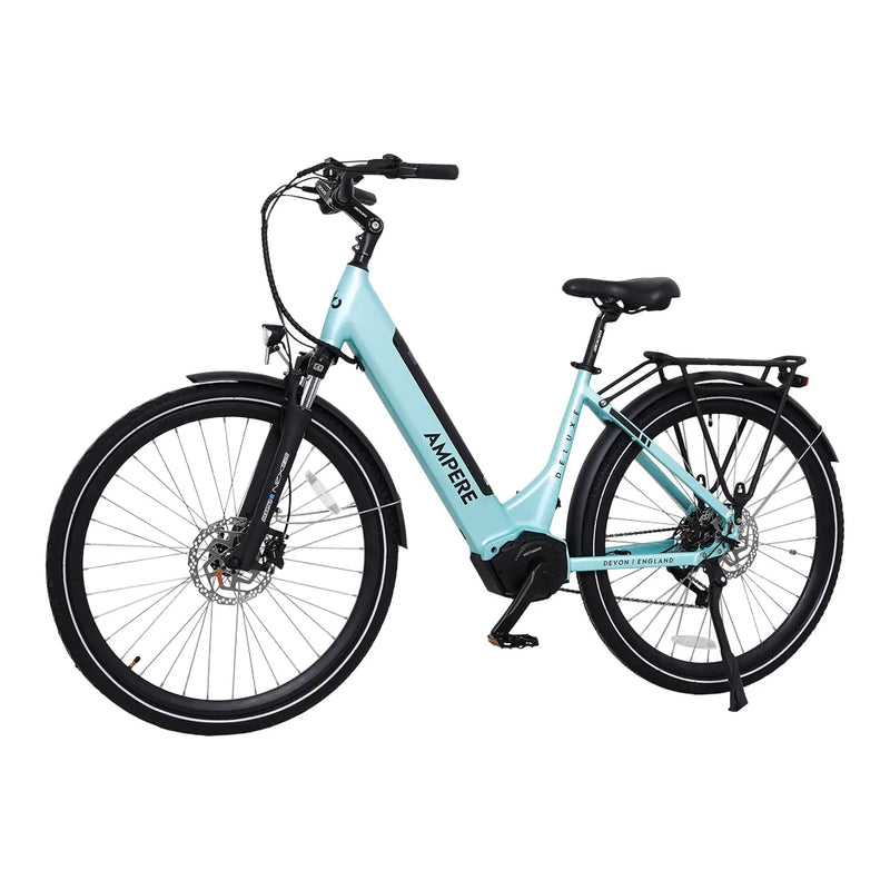 Full side profile of the light blue Ampere Deluxe Pro step-through electric bike featuring a mid-drive motor.