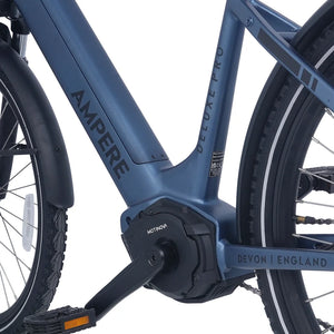 Close up of the Motinova mid-drive motor on the Ampere Deluxe Pro in Stone Blue