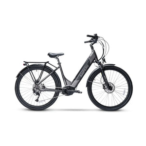 Full side profile of the grey Ampere Deluxe Pro step-through electric bike featuring a mid-drive motor.