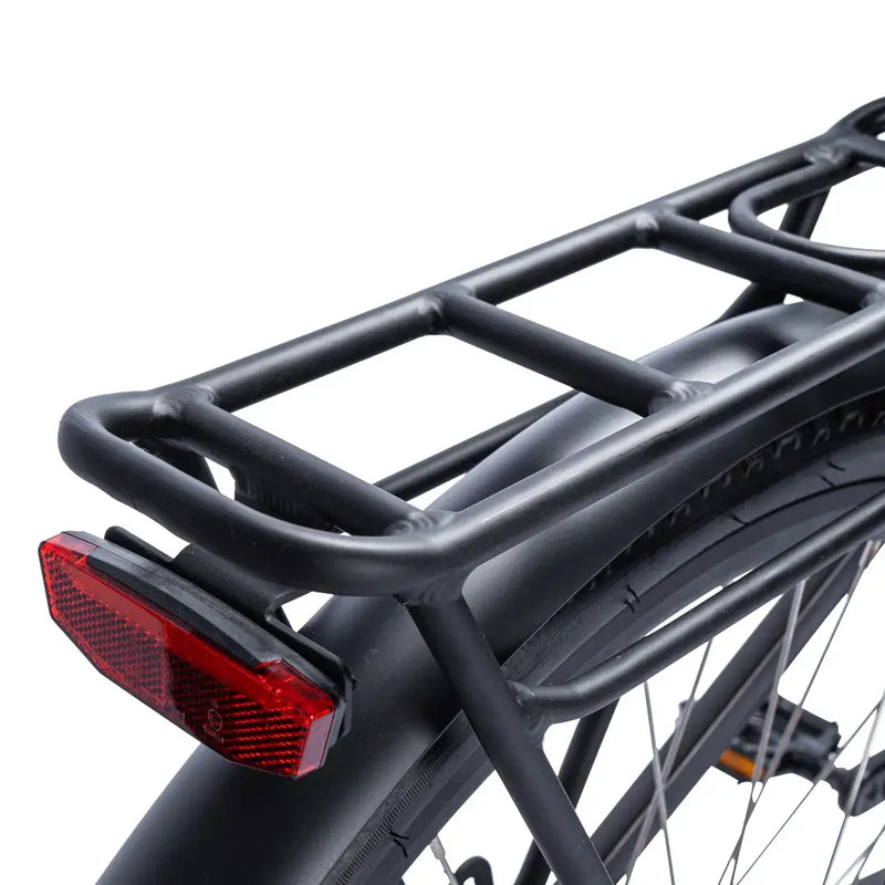 Rear pannier luggage rack with integrated red safety reflector on the Ampere Deluxe Pro.