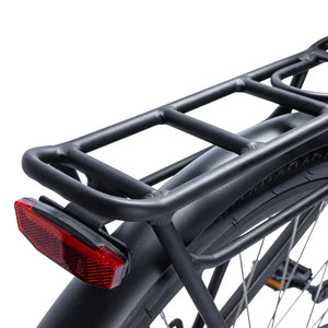 Close-up of the Ampere Deluxe Pro black aluminium rear pannier rack with integrated red reflector light.