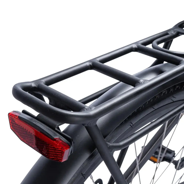 Close-up of the Ampere Deluxe Pro black aluminium rear pannier rack with integrated red reflector light.