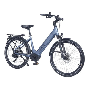 Ampere Deluxe Pro step-through electric bike in stone blue from a front three-quarter angle with rear rack.