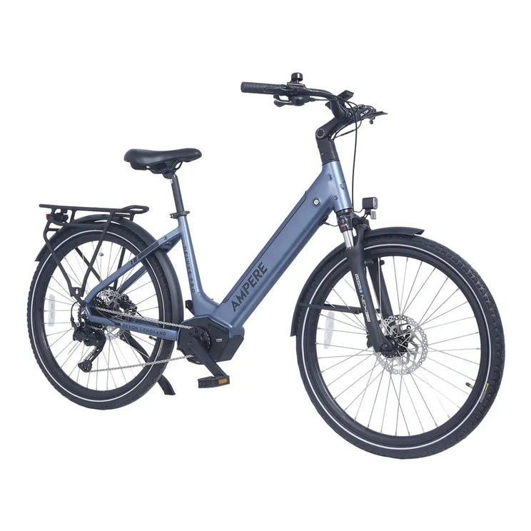 Ampere Deluxe Pro step-through electric bike in stone blue from a front three-quarter angle with rear rack.