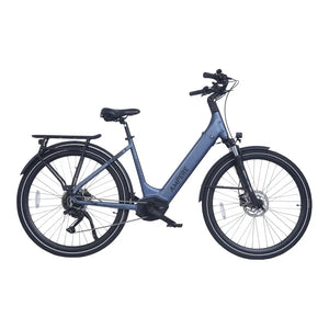 Ampere Deluxe Pro step-through electric city bike in stone blue shown in full left side profile.