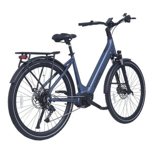 Ampere Deluxe Pro stone blue electric bike from a rear three-quarter angle showing rack mudguards and drivetrain.
