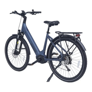 Ampere Deluxe Pro stone blue step-through electric bike from the front showing kickstand deployed and rear rack.
