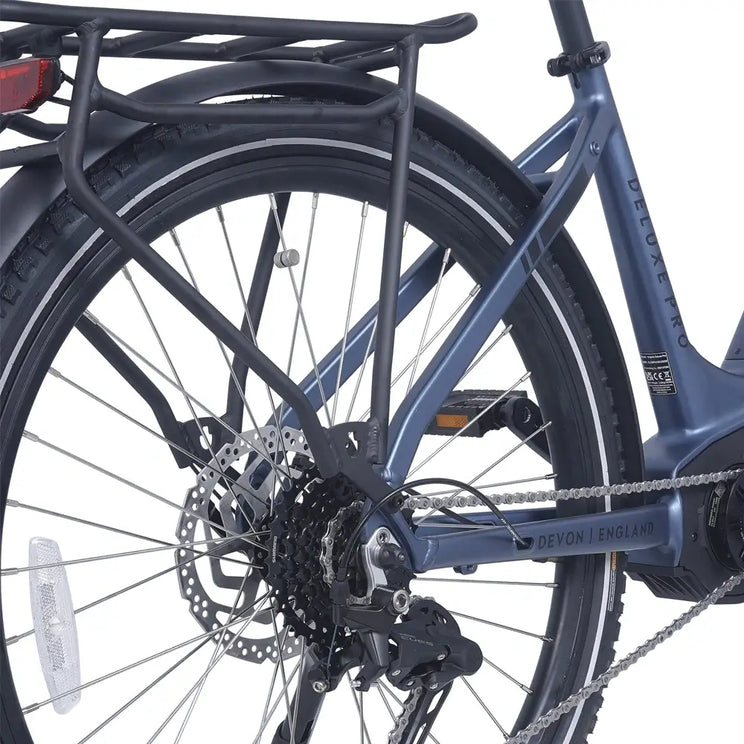 Close-up of the Ampere Deluxe Pro black rear cassette disc brake rotor and derailleur with Devon England chainstay.