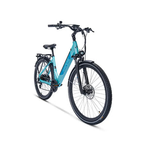 Angled side profile of the blue Ampere Deluxe Step Through Hybrid Electric Bike 250W.