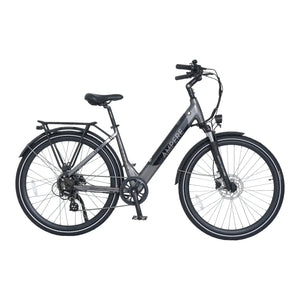 Full side profile of the dark grey Ampere Deluxe Step Through Hybrid Electric Bike 250W.