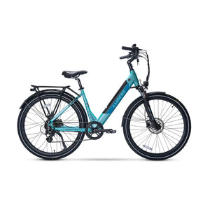 Full side profile of the light blue Ampere Deluxe Step Through Hybrid Electric Bike 250W.