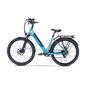 Full side profile of the blue Ampere Deluxe Step Through Hybrid Electric Bike 250W.