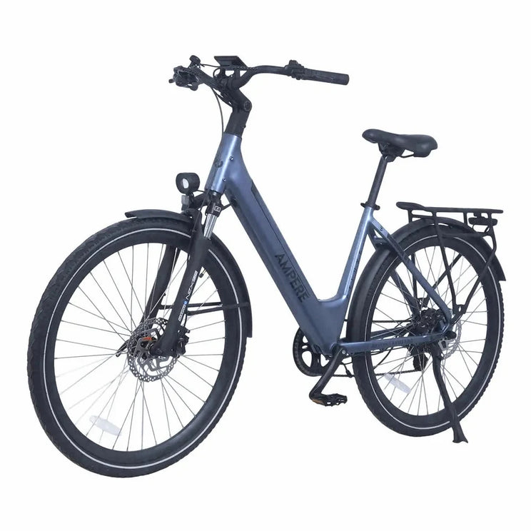 Ampere Deluxe stone blue step-through electric city bike from a front three-quarter angle with mudguards.