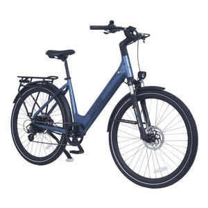 Ampere Deluxe step-through electric city bike in stone blue from a front three-quarter angle with rear rack.
