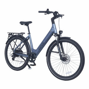 Ampere Deluxe step-through electric city bike in stone blue from a front three-quarter angle with rear rack.
