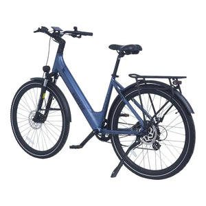 Ampere Deluxe stone blue step-through electric bike from a front three-quarter angle with kickstand deployed.