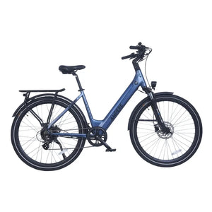 Ampere Deluxe step-through electric city bike in stone blue shown in full side profile with rear rack.