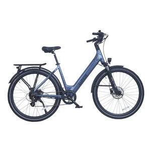 Ampere Deluxe step-through electric city bike in stone blue shown in full side profile with rear rack.