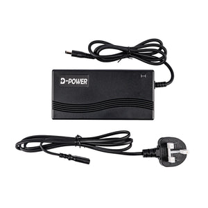 D-Power battery charger for Ampere electric bikes featuring a UK 3-pin mains plug and connection cables.