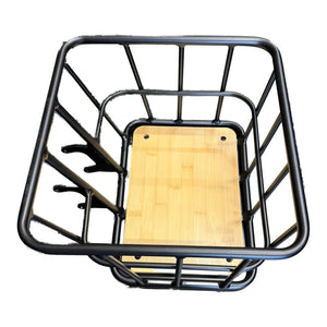 Ampere front basket seen from above showing the bamboo base panel and mounting brackets
