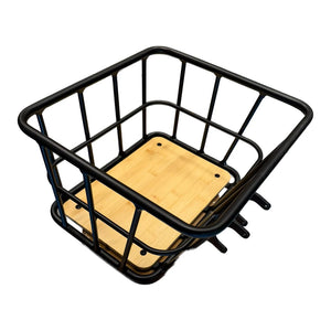 Ampere e-bike front basket with matt black metal frame and bamboo base on a white background