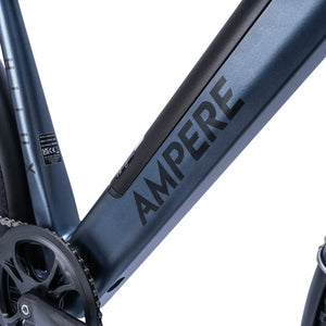 Close-up of the blue Ampere logo on the black downtube of the Hilux e-bike and integrated battery.