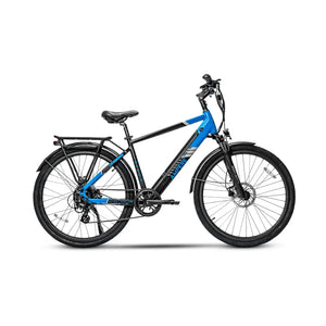 Full side profile of the blue and black Ampere Hilux Crossbar electric bike.