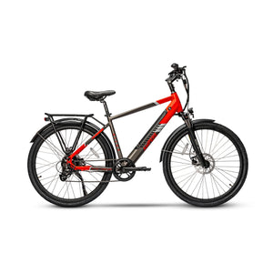 Full side profile of the red and grey Ampere Hilux Crossbar electric bike.